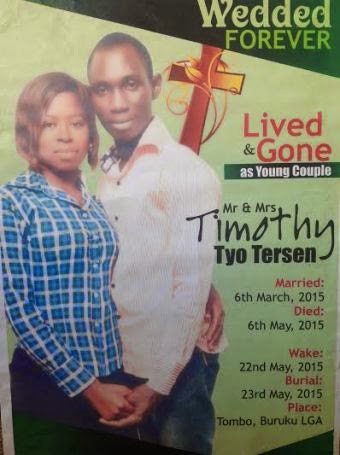 Mr and Mrs Timothy Terson got married March 6th, 2015 and died just two months later on May 6th in a fatal car accident