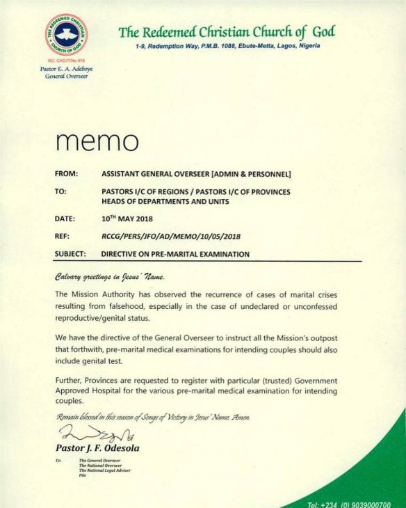 RCCG Introduces Genitals Examinations For All Intending Couples.