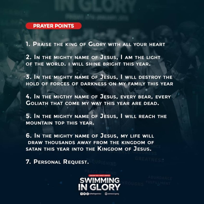 Prayer points from RCCG January 2019 Holy Ghost Service, Swimming In Glory, By Pastor E A Adeboye.