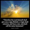 Isaiah_7-14: Therefore the Lord himself shall give you a sign; Behold, a virgin shall conceive, and bear a son, and shall call his name Immanuel.