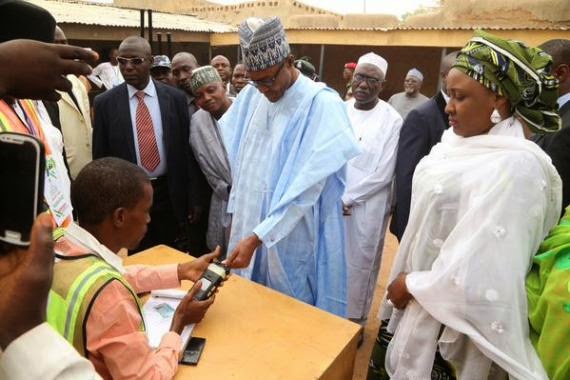 Nigeria President elect General Muhammadu Buhari and his wife Aisha get accredited