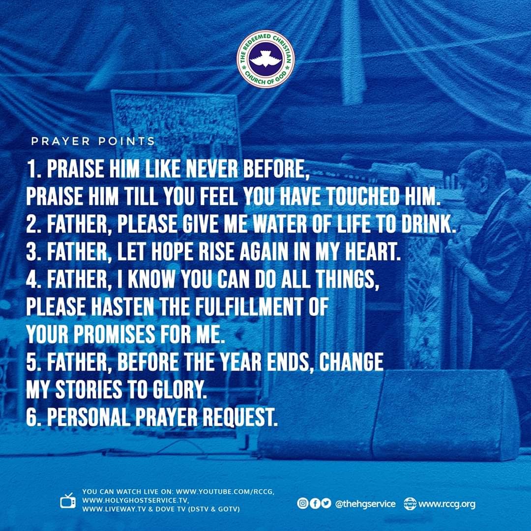 Prayer points RCCG November 2019 Holy Ghost service, swimming in glory 8. A taste of water, by Pastor E.A. Adeboye.