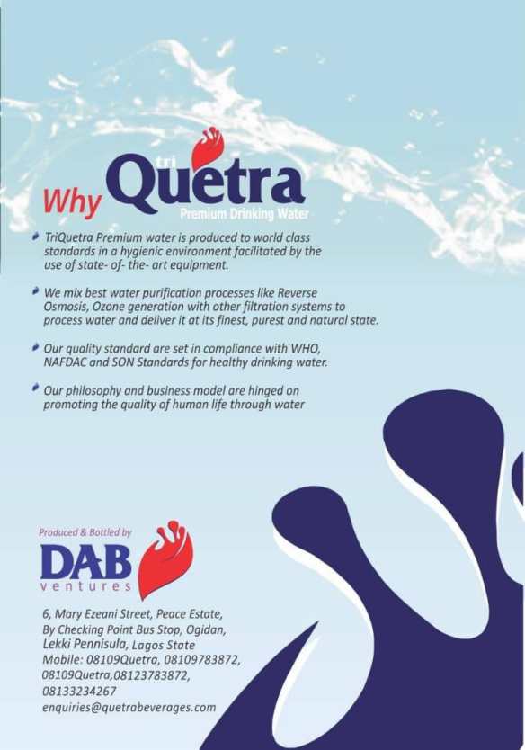 Buy and refresh with Quetra Premium Drinking Water. Call: Ade DJ Crown 2348098991616
