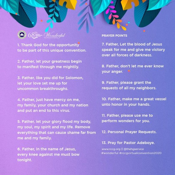 Prayer points from August 2020 HOLY GHOST SERVICE, RCCG 68th Annual Convention, Wonderful