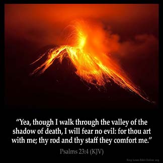 Psalms_23-4-1: Yea, though I walk through the valley of the shadow of death, I will fear no evil: for thou art with me; thy rod and thy staff they comfort me.
