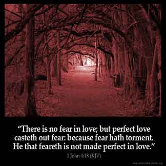 1-John_4-18: There is no fear in love; but perfect love casteth out fear: because fear hath torment. He that feareth is not made perfect in love