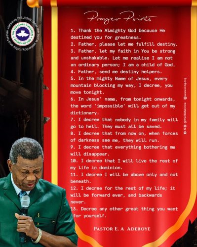 Prayer Points RCCG May 2025 Holy Ghost Service by Pastor E A Adeboye. Destined For Greatness.