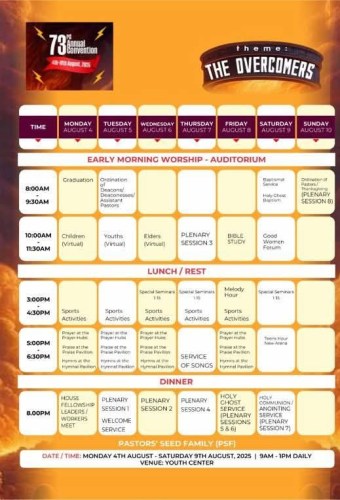 RCCG 73rd Annual August 2025 Convention – Programme Schedule. Theme: The Overcomers