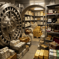 Secure vault room filled with stacks of cash, gold bars, bags of gold coins, and shelves of jewelry