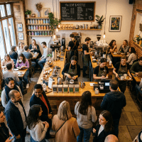 Crowded coffee shop interior with patrons ordering, baristas preparing coffee, and customers sitting and chatting