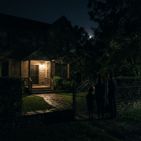 Family of three standing outside a dark house with porch light on at night